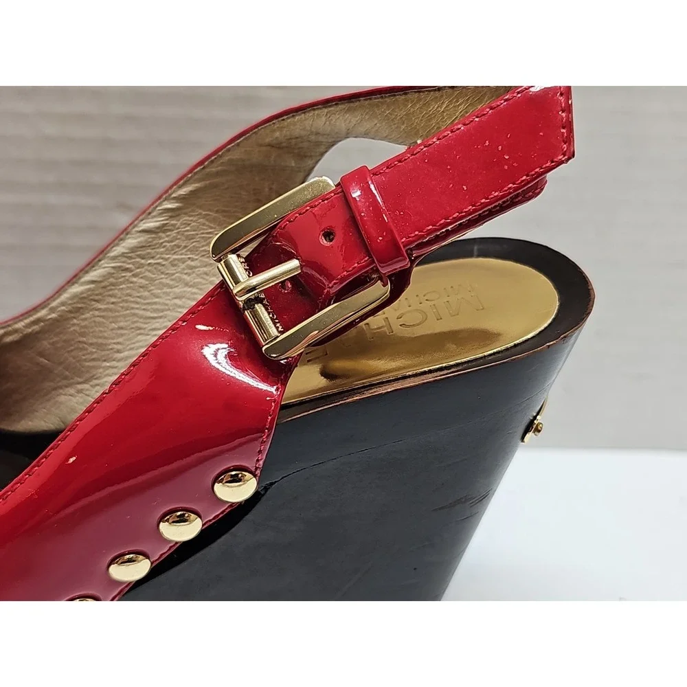 Michael Kors Red Patent Leather Platform Wedge Sandals Gold MK‎ Logo Studded 6M